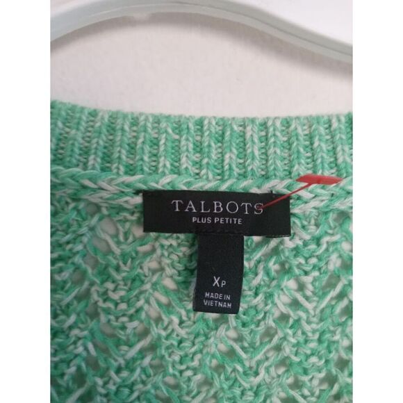 Talbots Green & White Open Crochett Knit Cotton Pullover Sweater size 0X Petite - Picture 7 of 10